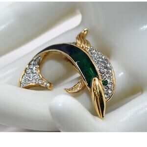 Vintage A&S Dolphin Brooch Green Enamel Rhinestones Gold Plated